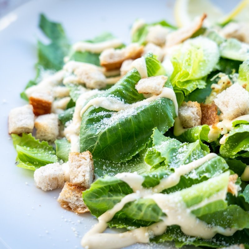 Classic Caesar salad with romaine, Parmesan, and croutons